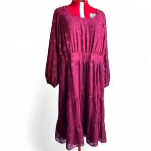 Torrid Magenta Pink Star Detailed Mesh Midi Long Balloon Sleeves Dress -NWT
